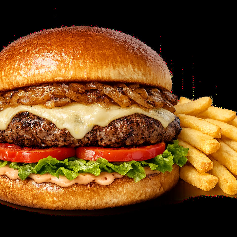 Juicy cheeseburger with caramelized onions, lettuce, tomato, and sauce, served with golden fries on a blue-gray background.