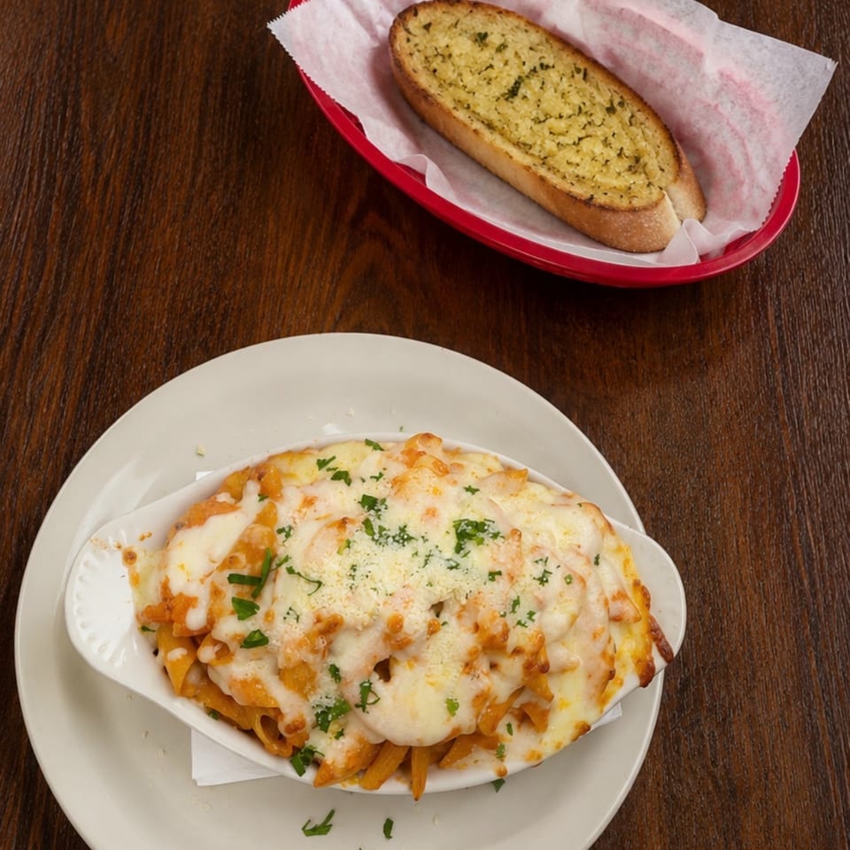 Cheesy baked pasta garnished with herbs and garlic bread served on a wooden restaurant table.