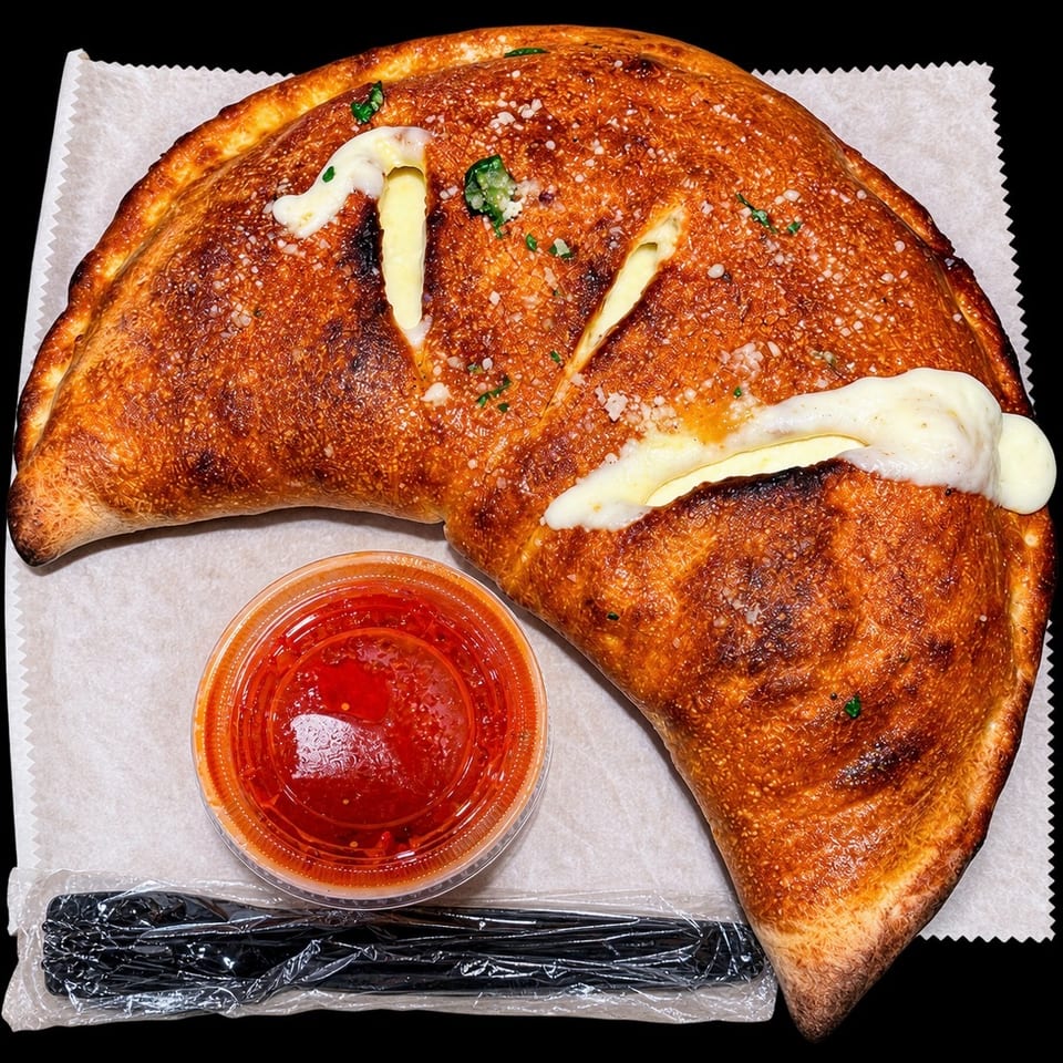 Two golden-brown folded pastries topped with melted cheese and herbs, served with red dipping sauce and wrapped utensils.