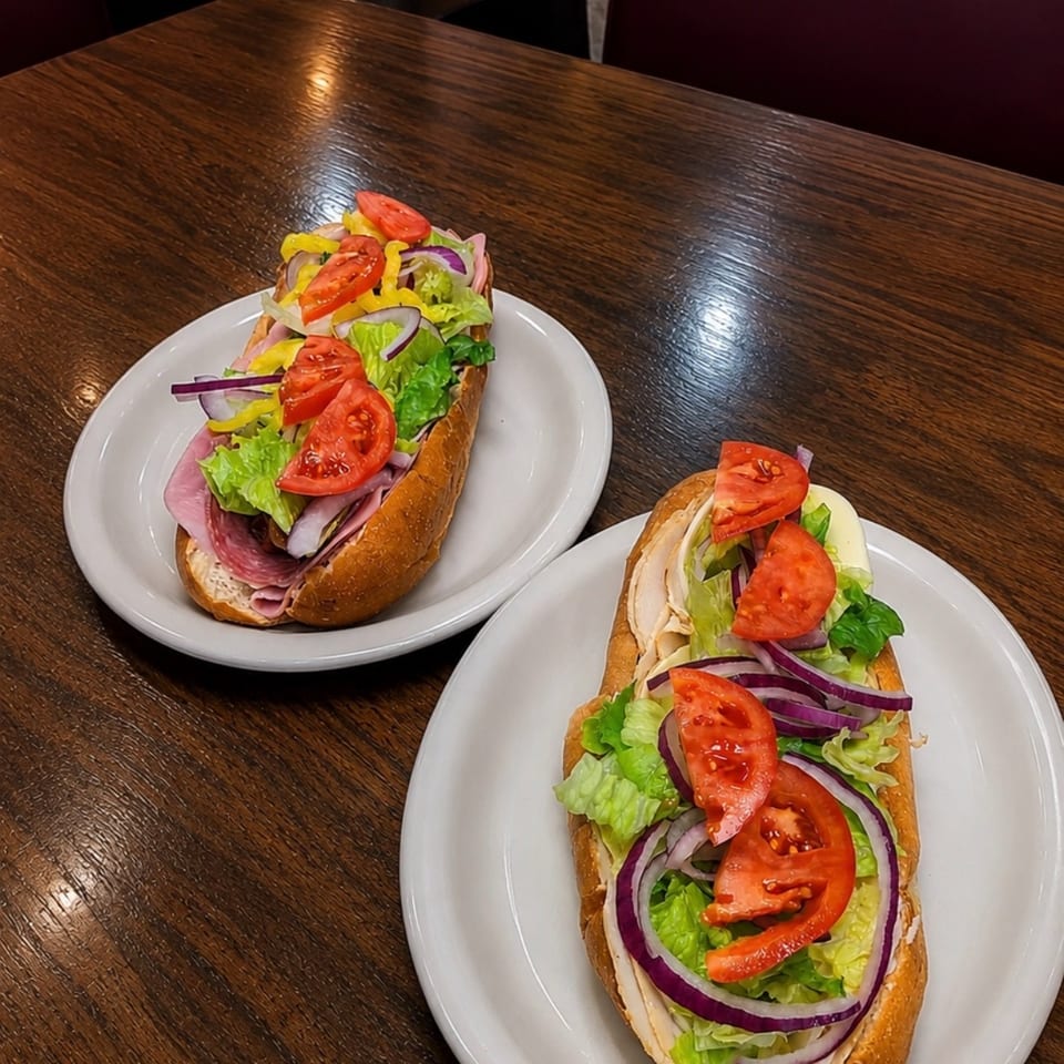 Two deli sandwiches piled with lettuce, tomatoes, onions, peppers, and cold cuts on white plates atop a wooden restaurant table.